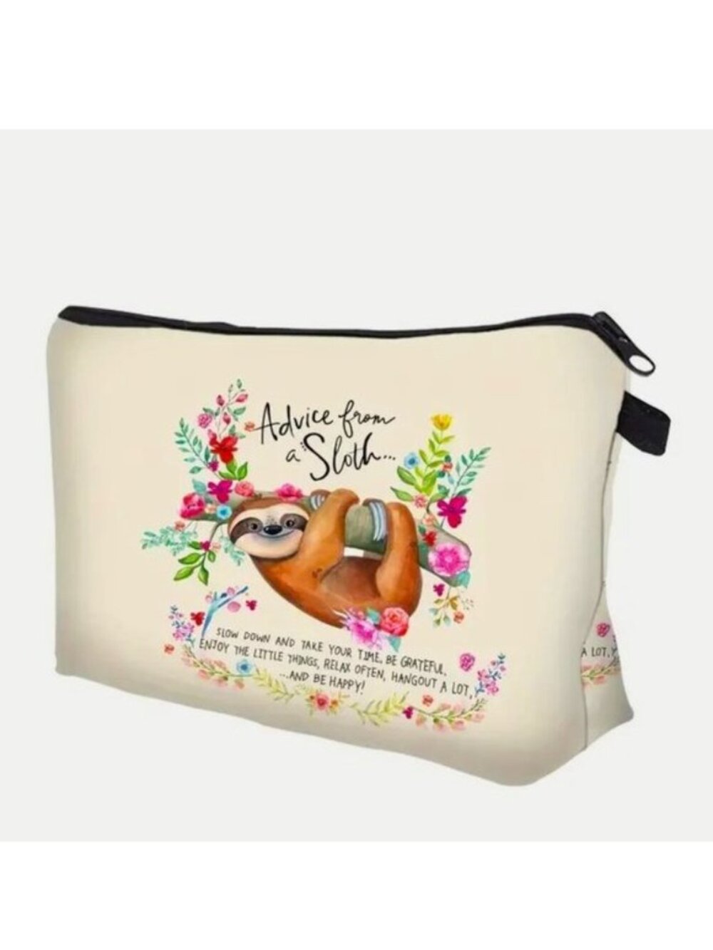 Sloth Cosmetic Bag Makeup Clutch Pouch Travel Happy Flowers Organizer Namaste